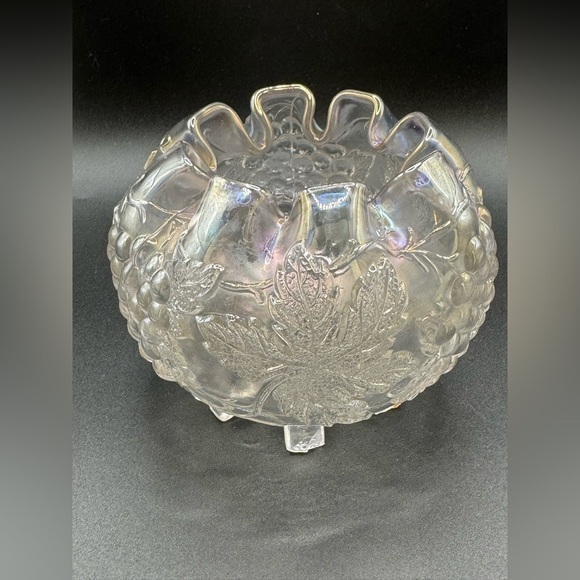 Vintage Dugan Clear Iridescent Carnival Glass Grape Delight Footed Rose Bowl - Picture 4 of 9